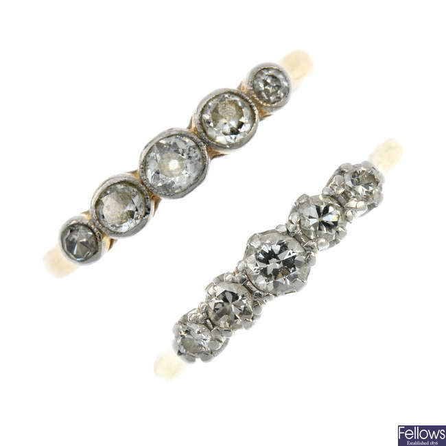 Two mid 20th century 18ct gold and platinum diamond five-stone rings.
