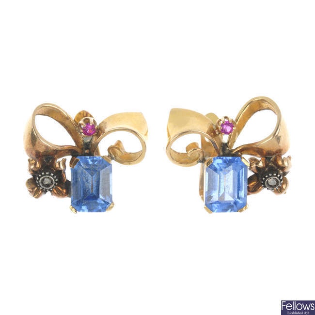 A pair of mid 20th century gem-set earrings.