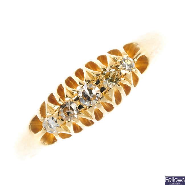 An early 20th century 18ct gold five-stone diamond ring.