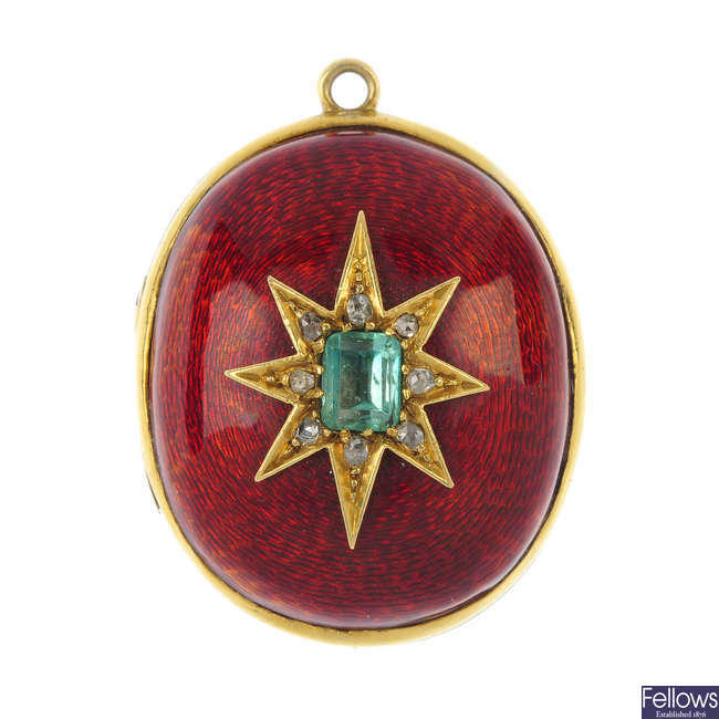 A late 19th century 15ct gold emerald, diamond and enamel locket.