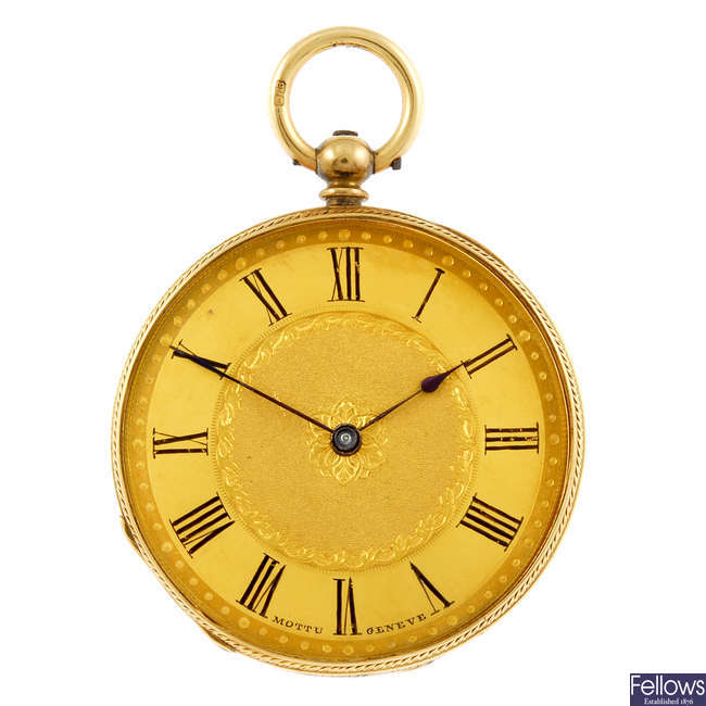 A yellow metal open face pocket watch by Mottu with pocket watch stand.