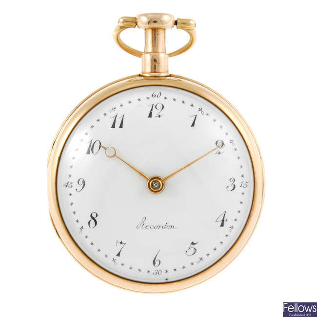 An 18ct gold George III open face pocket watch by Louis Recordon, London.