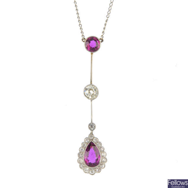 An early 20th century 18ct gold ruby and diamond pendant.