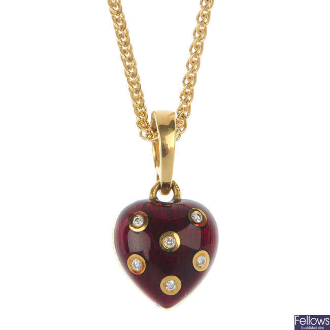 LOT:239 | FABERGE - an 18ct gold diamond enamel heart-shape pendant.