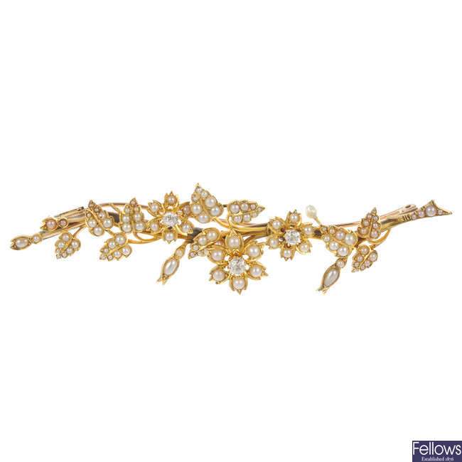 An early 20th century split pearl and diamond floral brooch.