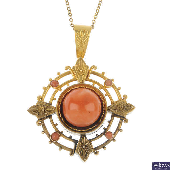 A late Victorian 18ct gold coral pendant and earring set, circa 1880. 