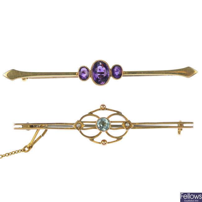 A selection of eight early 20th century 9ct gold gem-set bar brooches.