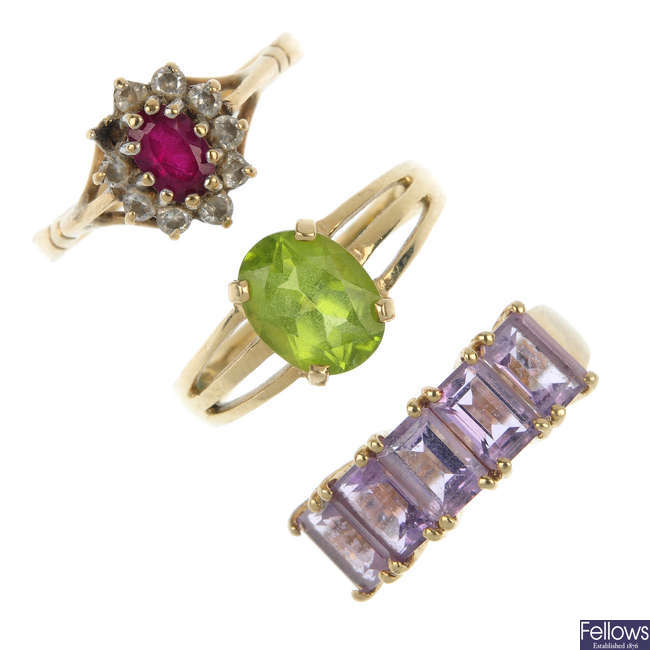 A selection of five gem-set dress rings. 