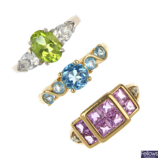 A selection of five 9ct gold gem-set rings. 