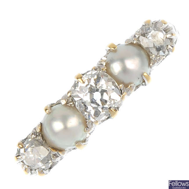 A late 19th century 18ct gold diamond and split pearl five-stone ring.