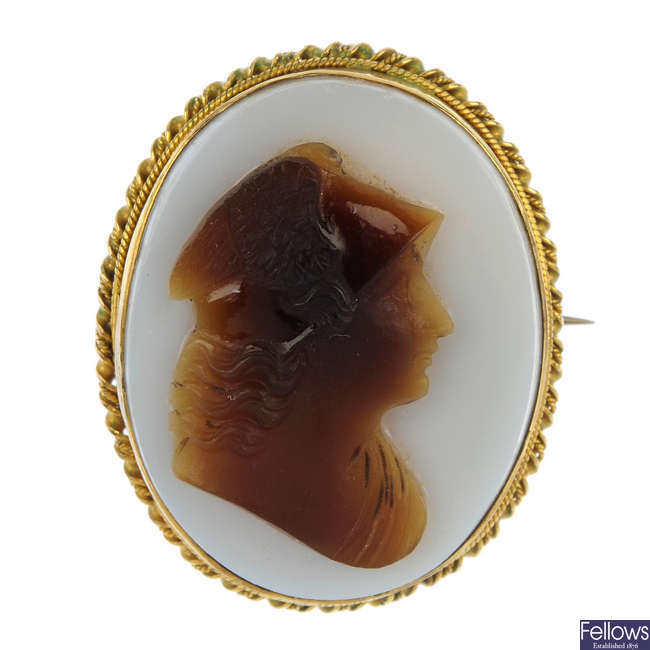 A late 19th century gold hardstone cameo brooch.