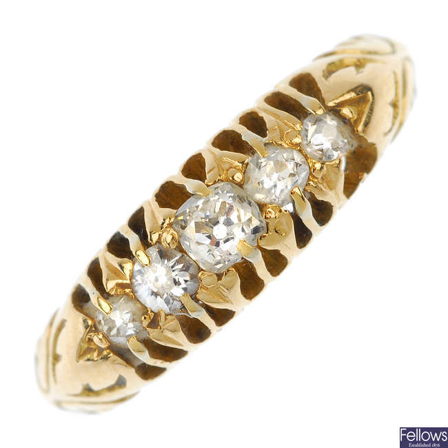 An early 20th century 18ct gold diamond five-stone ring. 