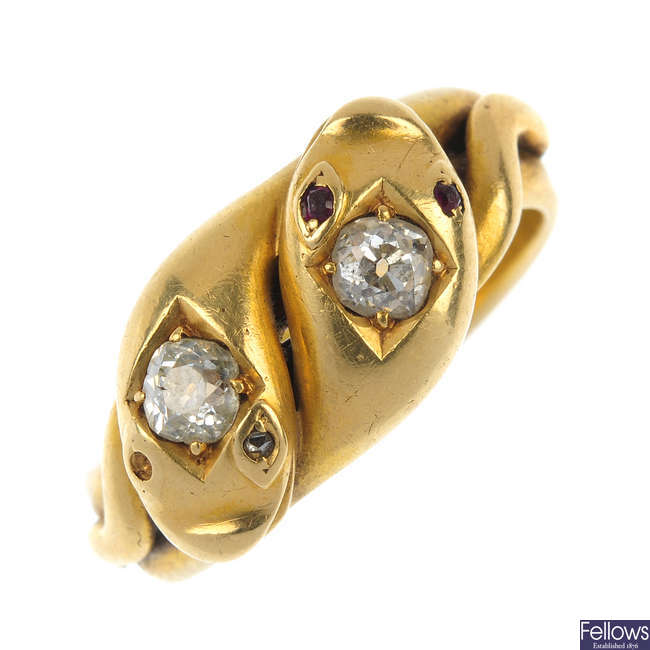 A late Victorian 18ct gold diamond snake ring.