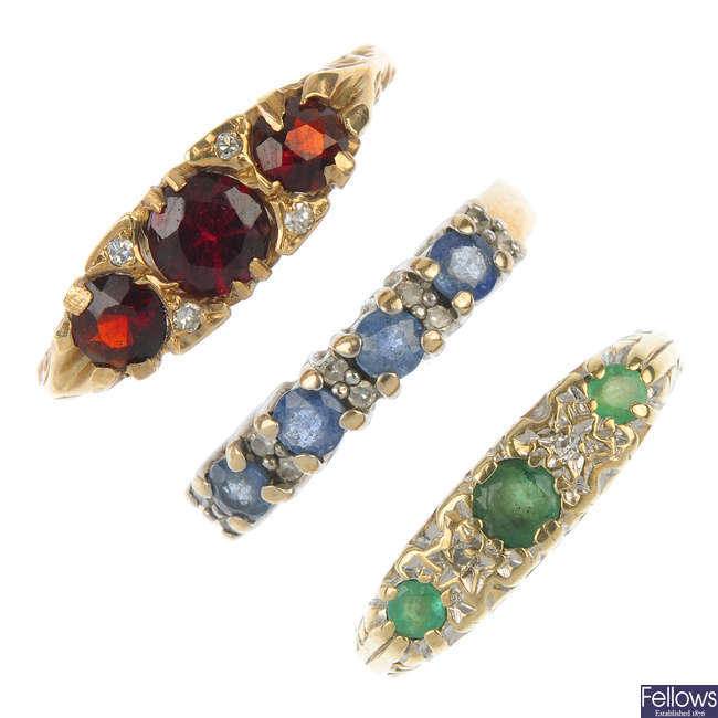 A selection of three 9ct gold gem-set rings. 