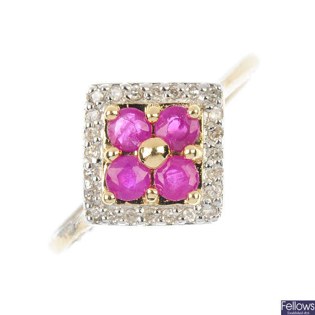 A 9ct gold ruby and diamond cluster ring.