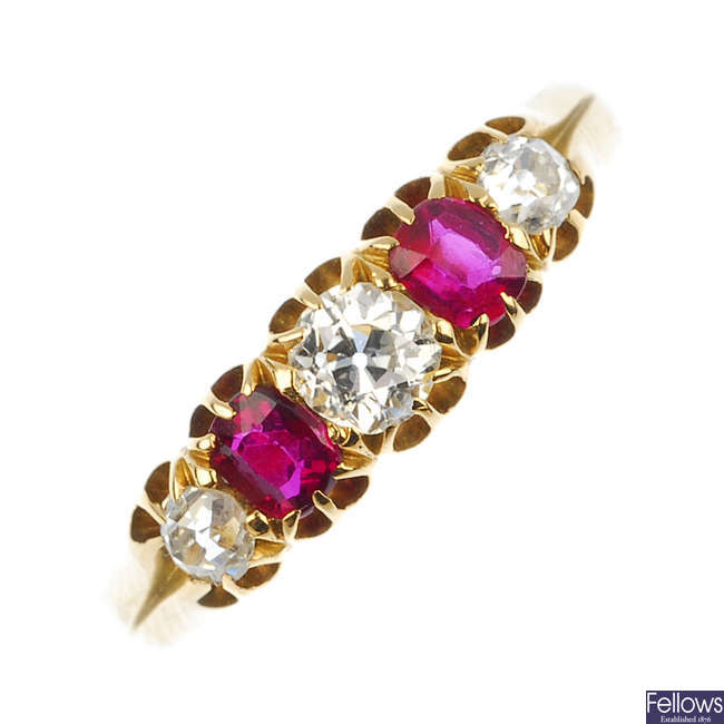 A late Victorian 18ct gold ruby and diamond ring.
