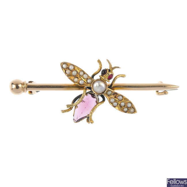 A late 19th century Russian gold split pearl and gem-set novelty brooch. 