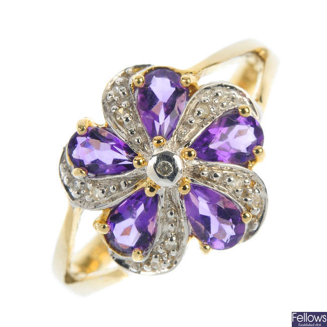 A 9ct gold amethyst and diamond floral ring.