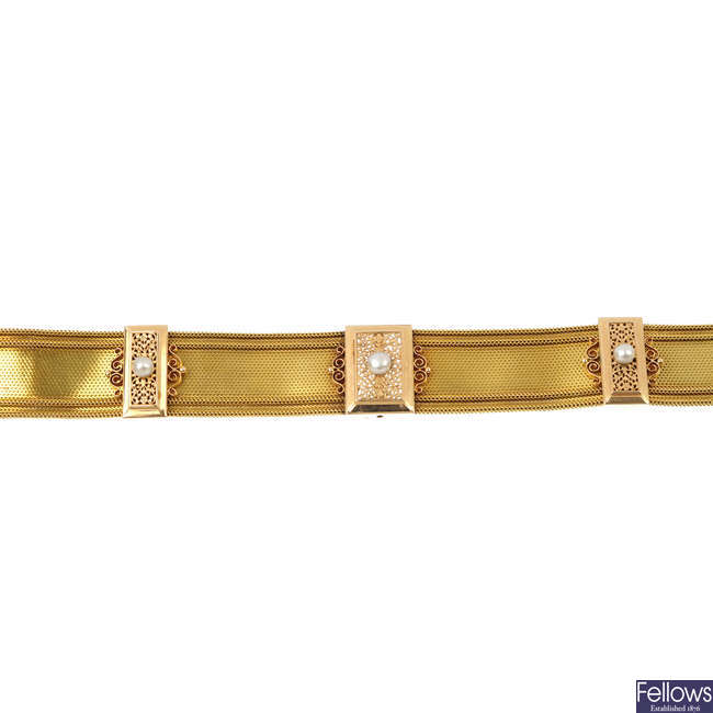 A late 19th century 18ct gold cultured pearl bracelet, circa 1880.