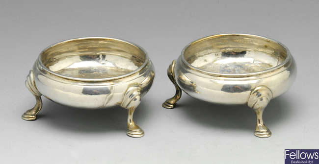 A pair of George II silver open salts.