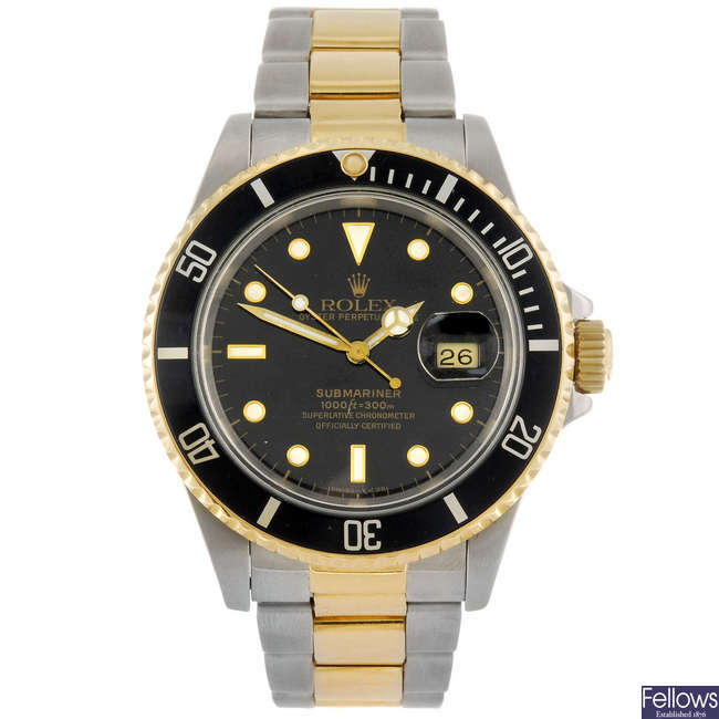ROLEX - a gentleman's bi-metal Oyster Perpetual Date Submariner bracelet watch.