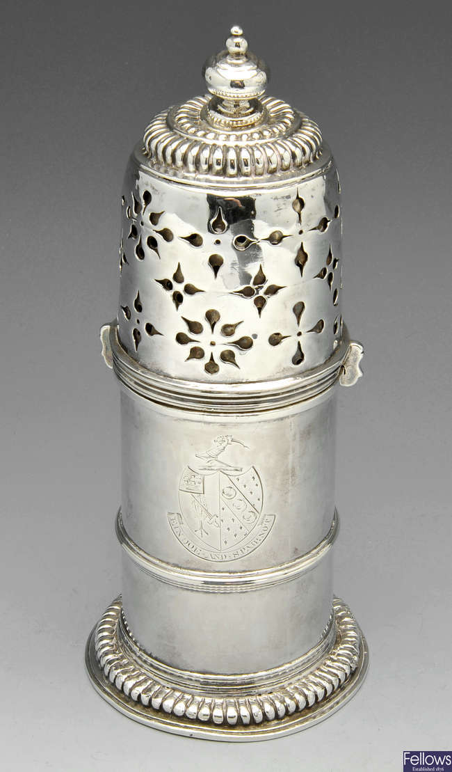 A William & Mary silver lighthouse caster.