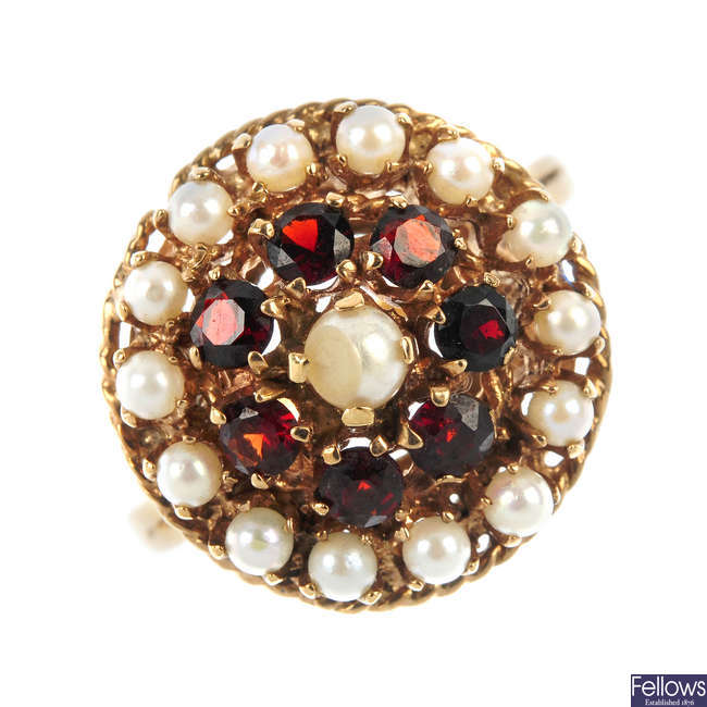 A cultured pearl and red paste cluster ring. 