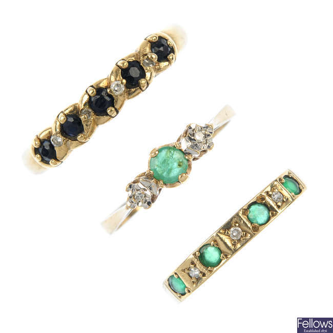 A selection of three 9ct gold gem-set and diamond rings.