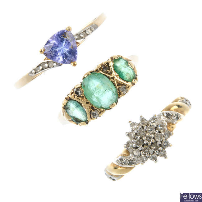 A selection of three 9ct gold gem-set rings. 