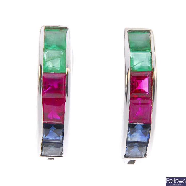 A pair of ruby, sapphire and emerald earrings.