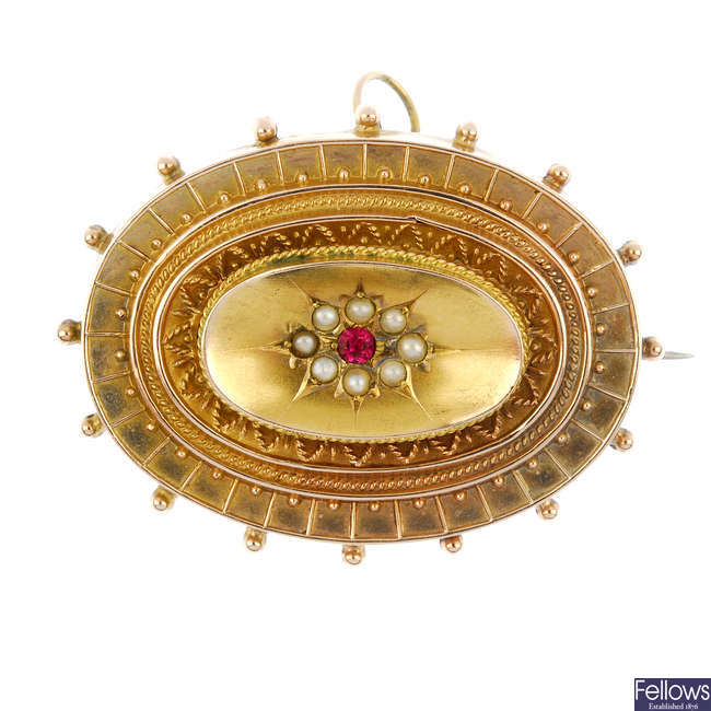 A late 19th century 9ct gold synthetic ruby and split pearl brooch. 
