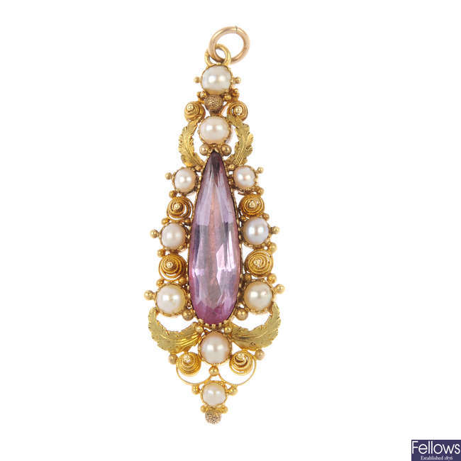 An early 19th century 18ct gold pink topaz and split pearl pendant.