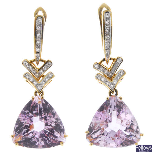 A pair of 18ct gold kunzite and diamond ear pendants.