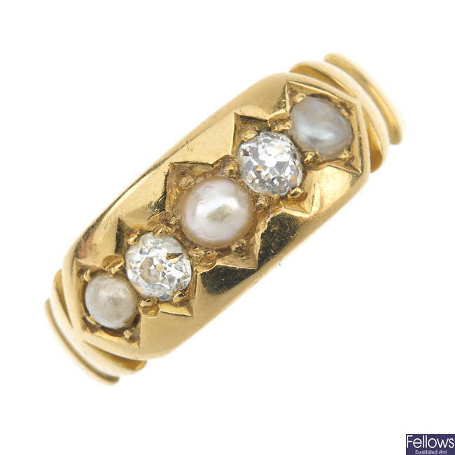 An early 20th century 18ct gold split pearl and diamond ring.