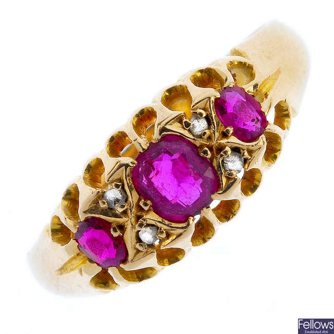 An early 20th century 18ct gold ruby and diamond ring.