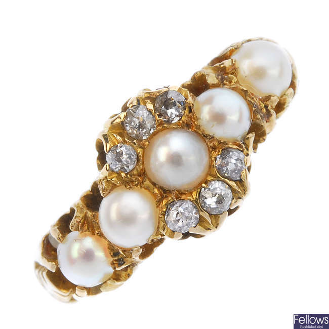 An early 20th century gold split pearl and diamond ring.