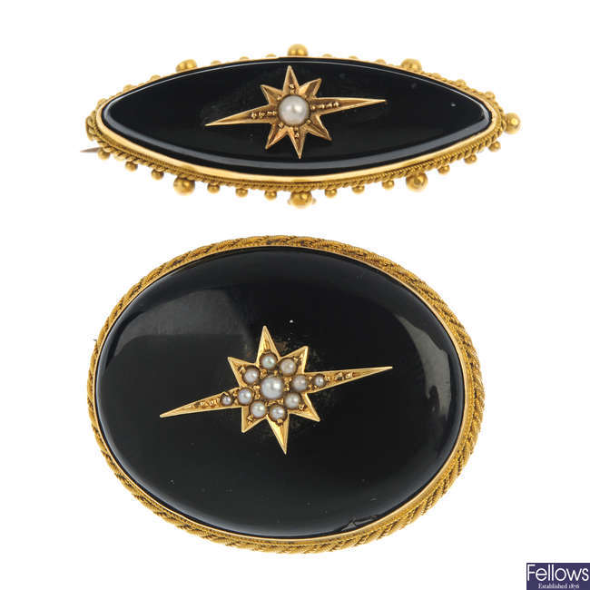 Two late 19th century 18ct gold onyx and seed pearl memorial brooches.