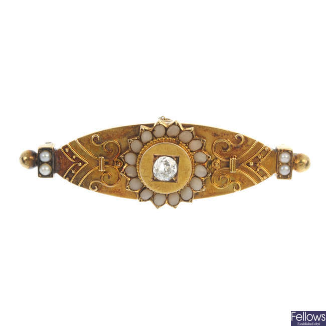 A late 19th century 15ct gold diamond, coral and split pearl brooch.