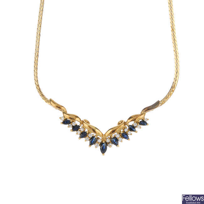 A 9ct gold sapphire and diamond necklace.