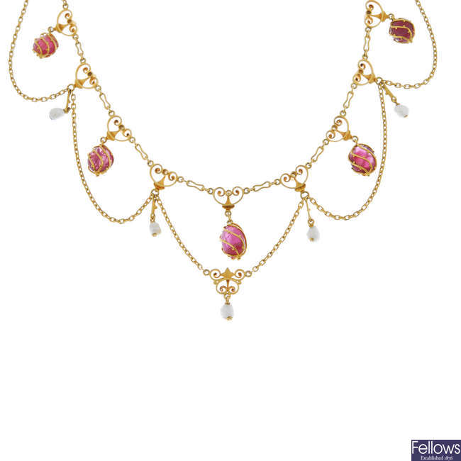 An early 20th century Swedish 18ct gold tourmaline and seed pearl necklace. 