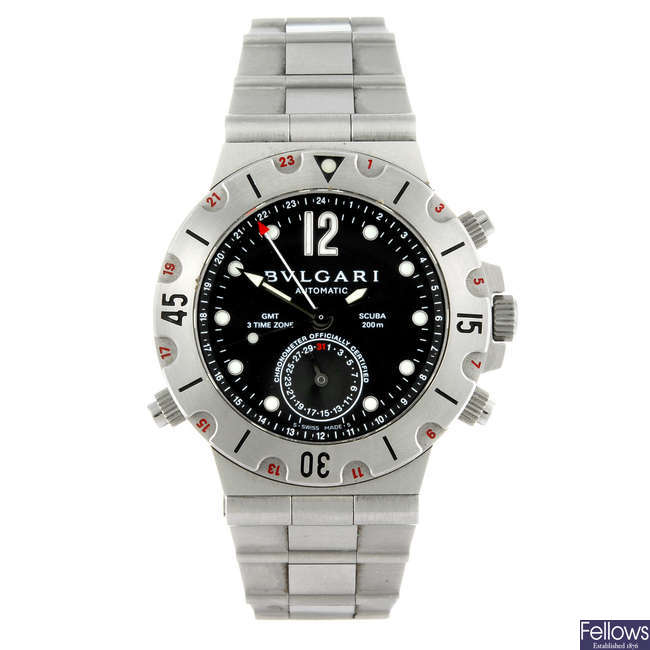 BULGARI - a gentleman's stainless steel Scuba GMT 3 Timezone bracelet watch.
