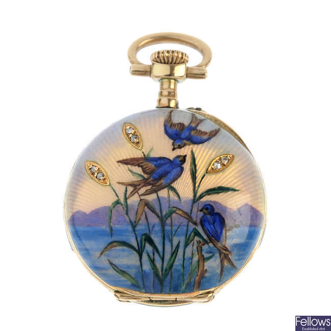 A lady's early 20th century gold diamond and enamel fob watch.