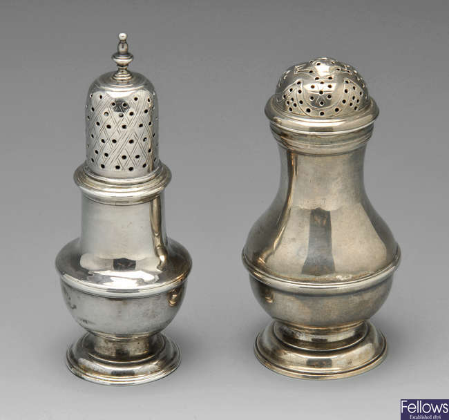 Two George II silver casters by Benjamin West & Samuel Woods.