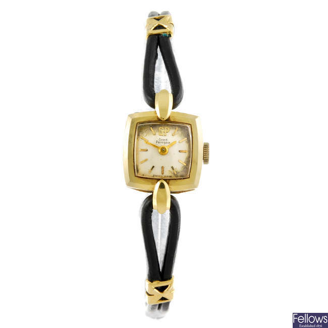GIRARD-PERREGAUX - a lady's yellow metal wrist watch with Gruen watch and Oris watch.
