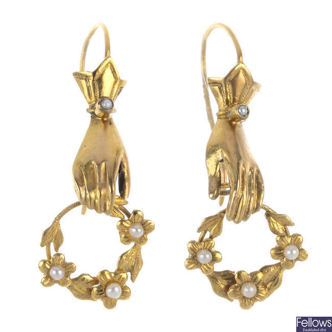 A pair of 9ct gold split pearl ear pendants.