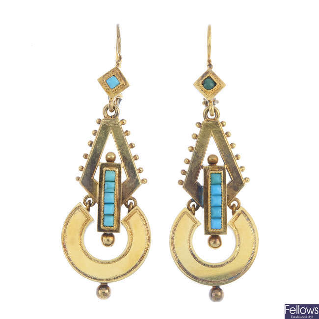 A pair of late 19th century turquoise ear pendants. 
