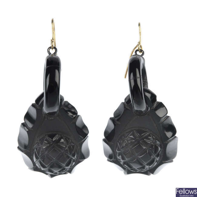 A pair of late 19th century jet ear pendants. 