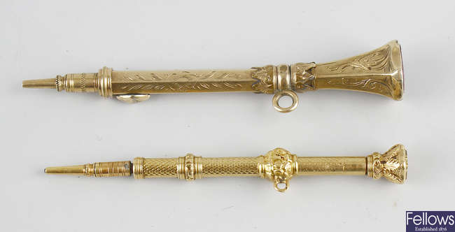 A Sampson Mordan & Co. 18ct gold propelling pencil, plus another. 