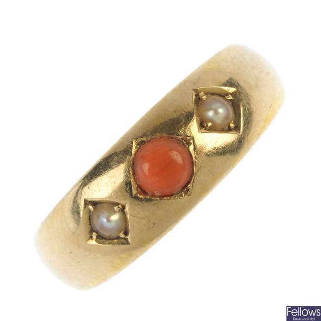 A late Victorian 18ct gold coral and split pearl ring.