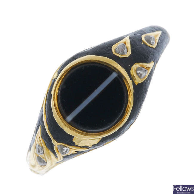 A late Victorian gold enamel, diamond and banded agate ring.